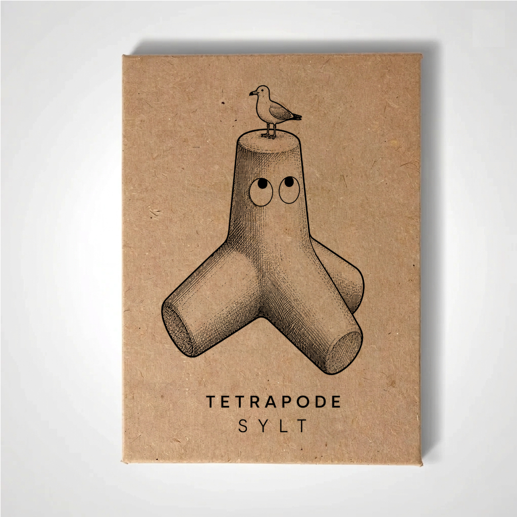 Handmade fridge magnet of a tetrapod on the Hörnum-Odde, Sylt, with a gull perched on top — Handmade Souvenir Fridge Magnet