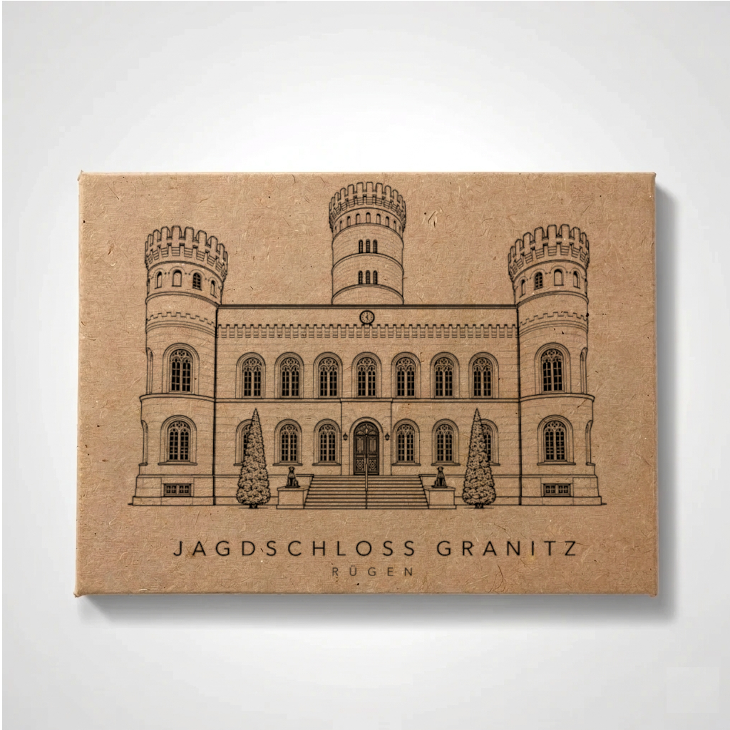 Minimalist line-art fridge magnet of Jagdschloss Granitz on Rügen