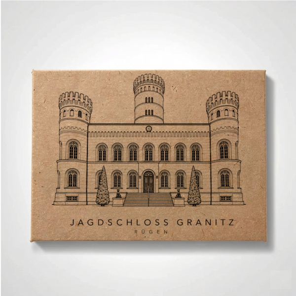 Minimalist line-art fridge magnet of Jagdschloss Granitz on Rügen