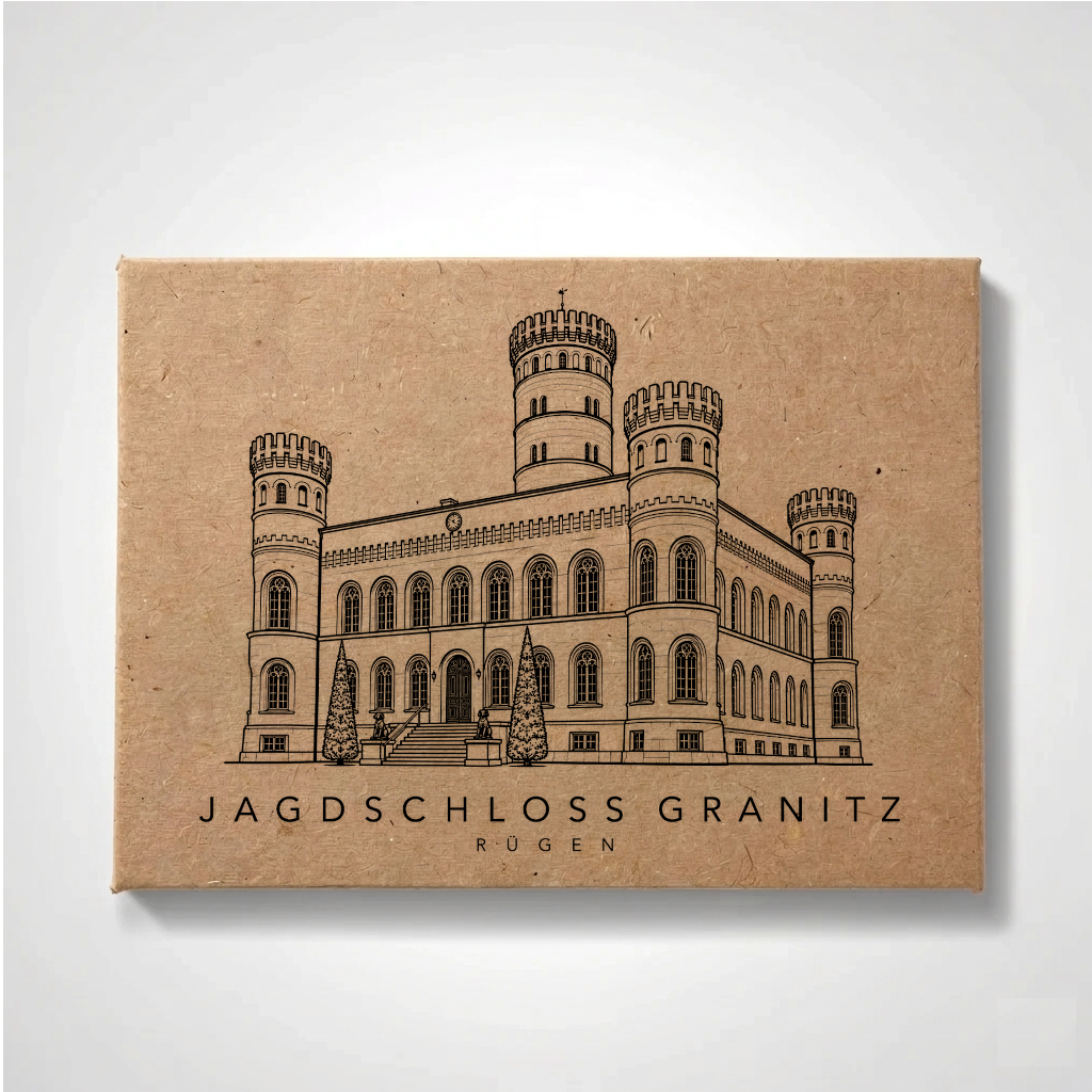Minimalist line-art fridge magnet of Jagdschloss Granitz on Rügen, Edition 2