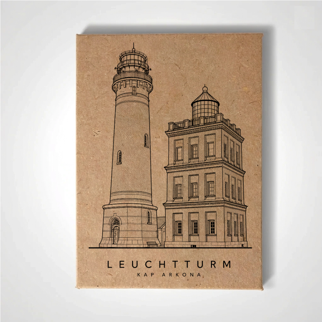 Minimalist line-art fridge magnet of the Kap Arkona Lighthouse on Rügen