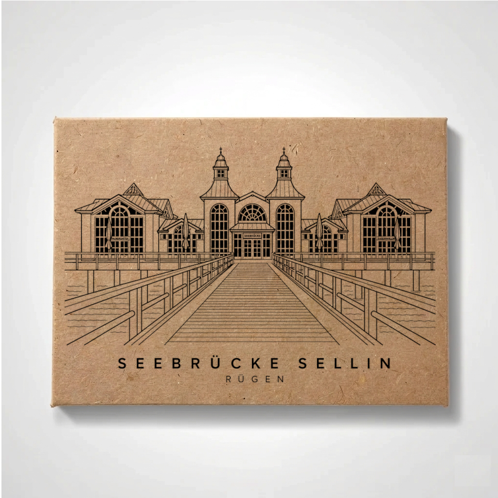 Minimalist line-art fridge magnet of Sellin Pier on Rügen
