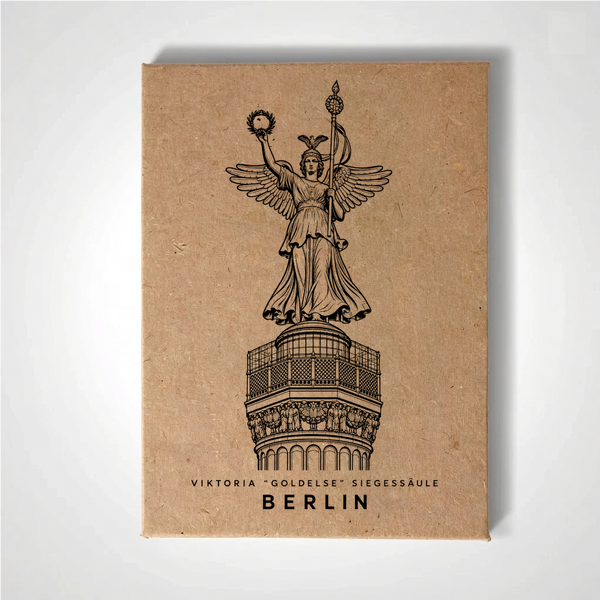 Handcrafted Berlin Victory Column fridge magnet featuring the Viktoria statue in minimalist architectural line art by Strichwerke